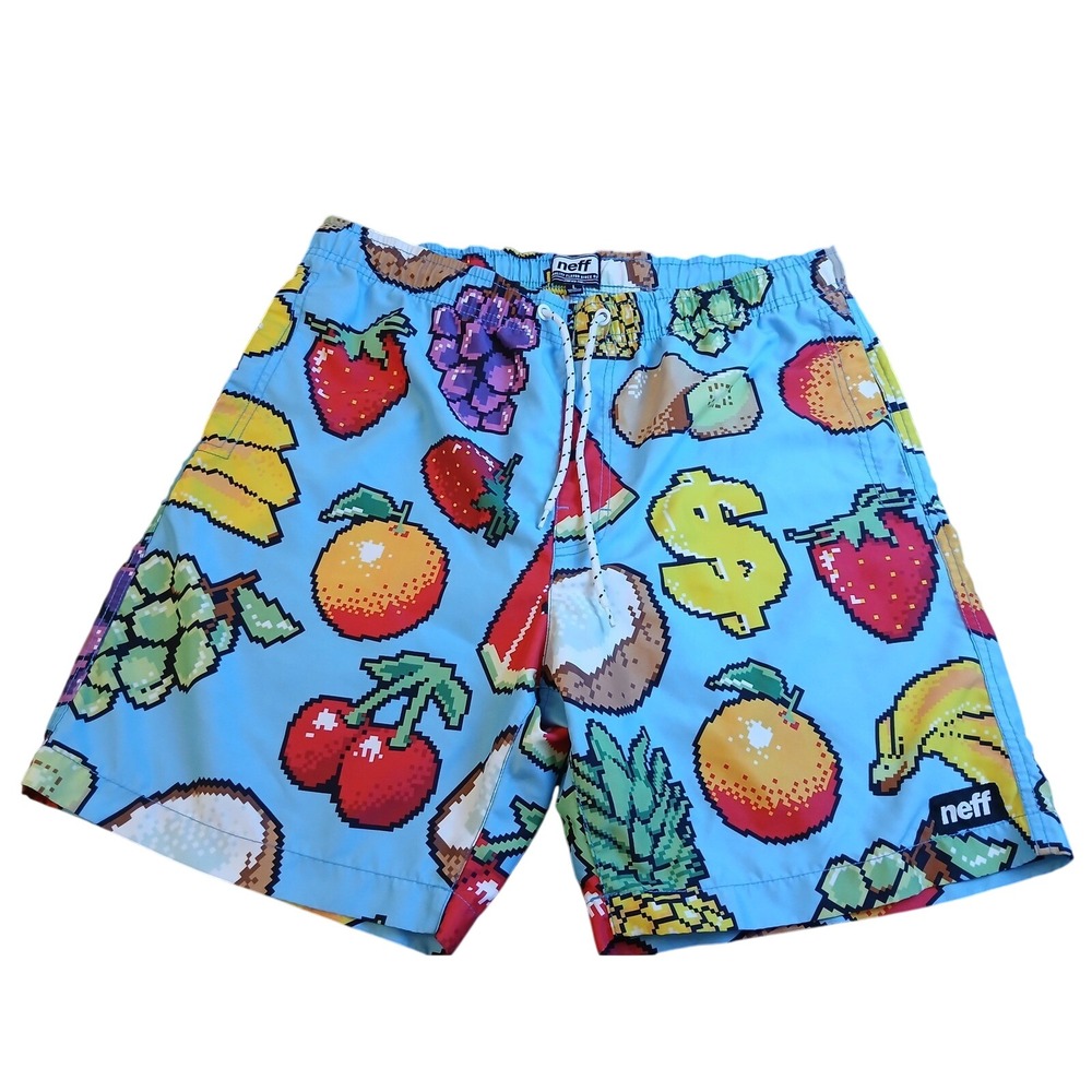 Zumiez Neff Mens Pixel Art Fruit Board Shorts Light Blue Swim Trunks Size Large